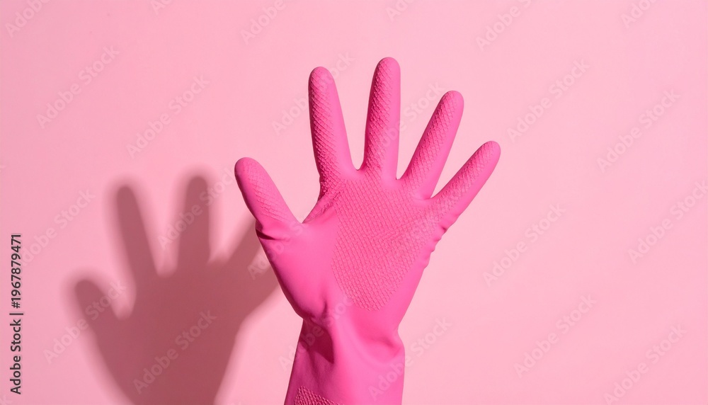 Obraz premium Bright Pink Rubber Cleaning Glove Held Up Against a Pink Background with Shadow