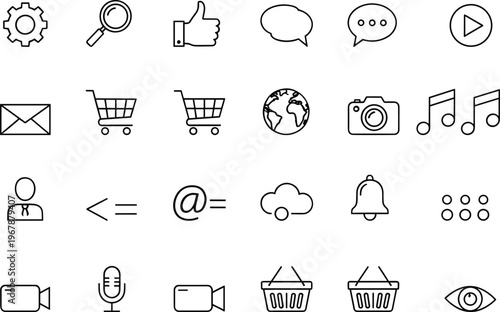 Versatile outline icons for digital interfaces, featuring social media, communication, and media playback symbols.