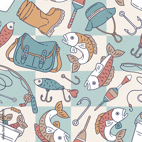 Seamless vector pattern with fish, fishing rod, lure and hook on isolated background. Hand drawn sea fishing illustration. Perfect for textile, wallpaper or print design.