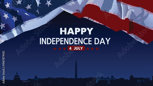 Happy independence day celebration with american flag and washington dc skyline