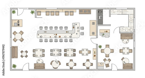 Detailed Restaurant Floor Plan with Seating and Kitchen Layout.