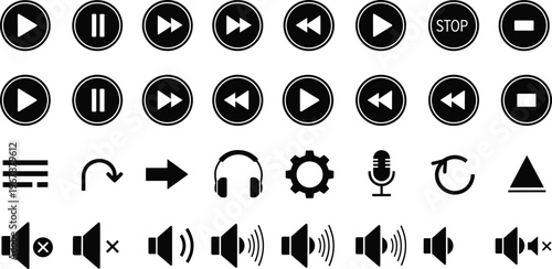 Collection of media player and audio control icons, including play, pause, stop, and volume symbols.