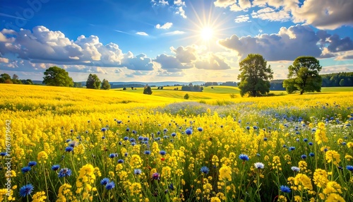 A sunny field of vibrant yellow flowers and blue sky