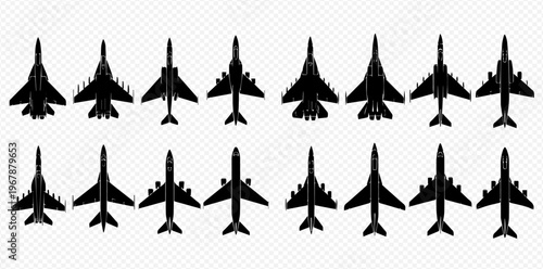 Set of various black airplane silhouettes on a transparent background, showcasing different aircraft designs and types.