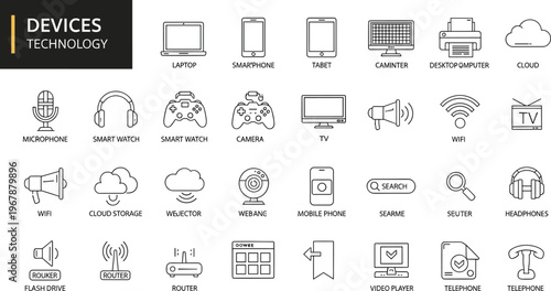 Diverse set of technology and device icons, including computers, phones, and gadgets for digital concepts.