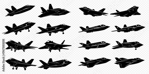 Set of modern military fighter jets in various flight and landing positions, showcasing advanced aviation technology and stealth design.