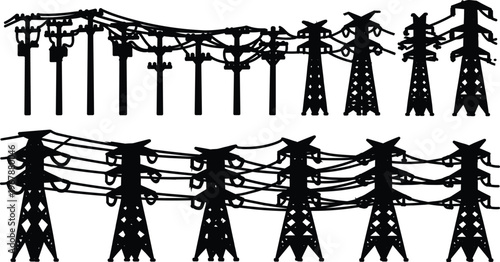 Cad drawing flat vector illustration, black and white electricity pylons, high voltage power lines, transmission towers, industrial energy infrastructure vector silhouette