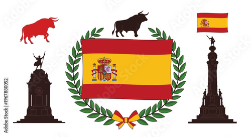 Spanish Symbols: Flag, Bulls, Monuments, and Laurel Wreath