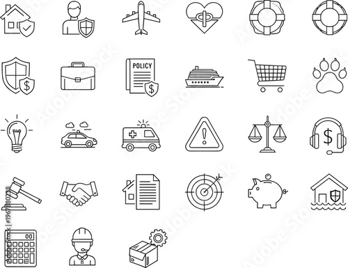 Assortment of insurance and safety icons, covering home, travel, health, and financial protection concepts.