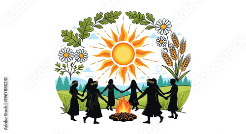 Summer Solstice Celebration: People Dancing Around Bonfire Under Sun