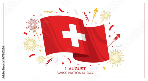 Swiss National Day Celebration: Flag, Fireworks, Confetti. 1st August.