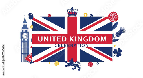 United Kingdom Celebration: Union Jack Flag, Big Ben, Crown, Lion Symbol