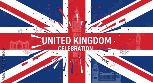 United Kingdom Celebration: Union Jack Flag with Iconic Landmarks and Fireworks