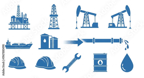 Oil and Gas Industry Icons - Offshore Platform, Derrick, Pumpjacks, and More.