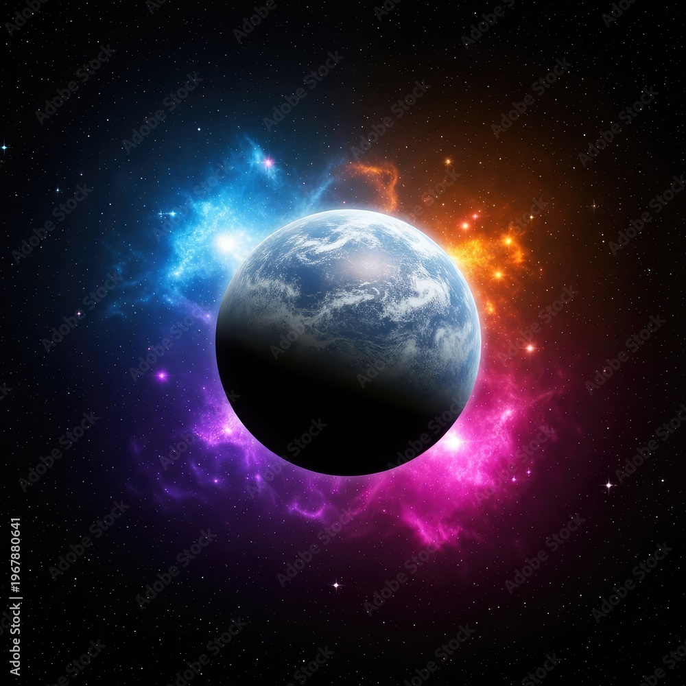 Obraz premium A majestic glowing planet floating in the deep void of outer space, surrounded by shimmering stars and colorful cosmic nebulae dust clouds, surface, cosmic, solar