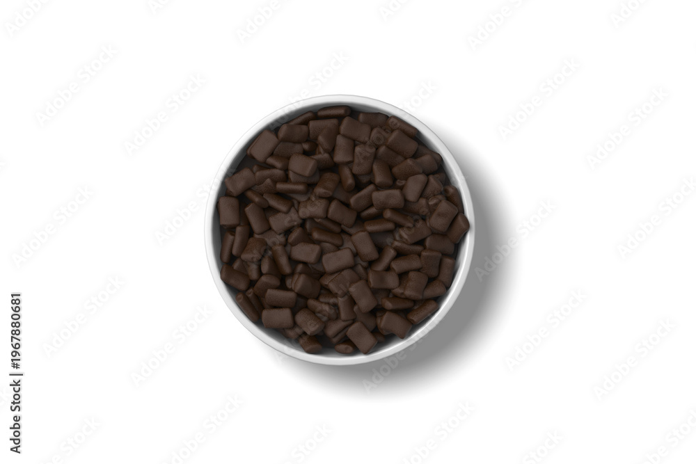 Fototapeta premium White Ceramic Pet Bowl Full of Dry Dog Food Kibble Isolated, 3D Illustration