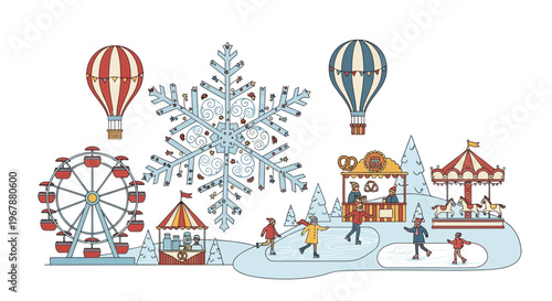 Winter Festival Fun: Ferris Wheel, Ice Skating, Hot Air Balloons & Snowflakes