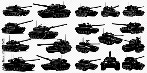 Set of various black tank silhouettes, armored military vehicles with cannons, war machines, and combat transport for army and defense.
