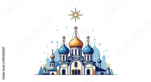 Winter Orthodox Church with Golden Star and Snowflakes