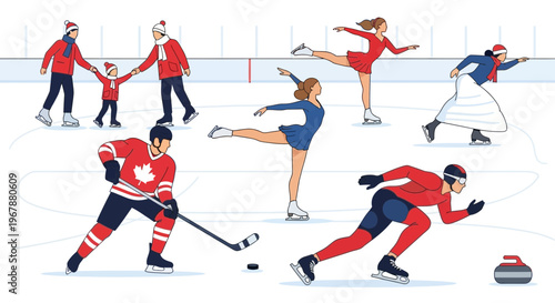 Winter Sports Ice Skating Hockey Speed Skating Curling Cartoon Flat Style
