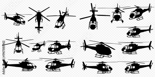 Set of various helicopter silhouettes in different views, including side, front, and top perspectives, isolated on a transparent background.