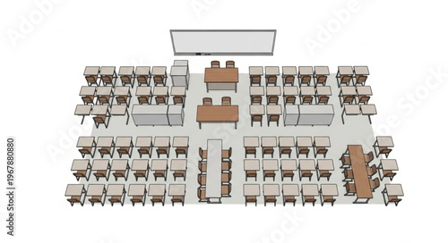 Conference Room Layout with Tables and Chairs for Presentations.
