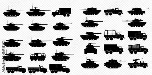Collection of military vehicles silhouettes, including tanks, trucks, and armored cars, for warfare and defense concepts.