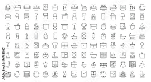 Minimalist furniture line icons set, modern home interior outline symbols, collection of 112 thin stroke house equipment and decor vector elements