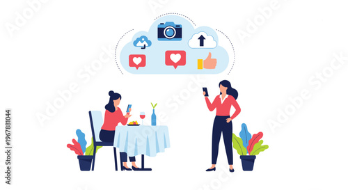 Two women interacting with their smartphones while social media icons float in a cloud above them in a restaurant setting.