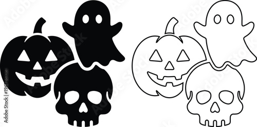 Vector icon set of spooky Halloween elements featuring a scary jack-o-lantern pumpkin, ghost, and skull in solid and outline styles representing holiday horror isolated on white.