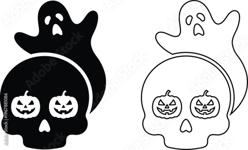 Minimalist black vector silhouette and line art icons of a spooky Halloween skull with jack-o-lantern pumpkin eyes and a floating ghost, for creepy holiday designs and scary horror themes.