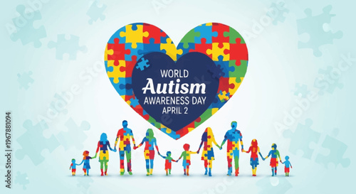 Vibrant vector illustration symbolizing global autism awareness and support, featuring a heart of colorful puzzle pieces uniting diverse families in a message of understanding and inclusion