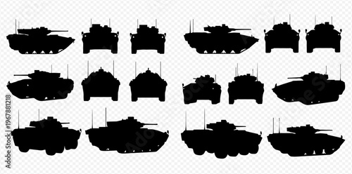 Set of various military tank silhouettes in different perspectives, showcasing armored vehicle designs for war and combat.