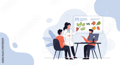 Nutritionist explaining healthy food choices to two men using a digital screen showing fruits and vegetables comparison.