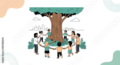 Diverse group of young children holding hands in a circle with their teacher around a large leafy tree in nature.
