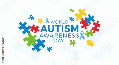 World Autism Awareness Day concept vector illustration, featuring vibrant colorful puzzle pieces and blue ribbons, symbolizing support and understanding for autism spectrum