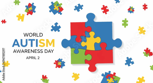 Vibrant vector illustration for World Autism Awareness Day, featuring interconnected puzzle pieces symbolizing unity, understanding, and support for neurodiversity