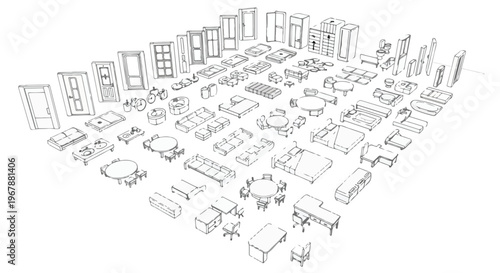 Isometric furniture line art collection, architectural interior design elements vector set, minimalist home and office floor plan icons for blueprints