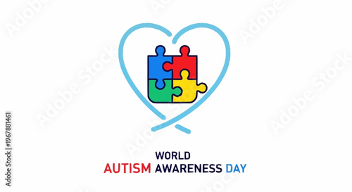 Global Autism Awareness Day vector icon featuring a heart-shaped puzzle graphic; a vibrant symbol for understanding and support of neurodiversity and inclusion