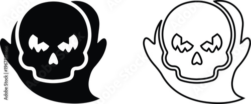 Minimalist black vector silhouette and line art icons of a scary skull ghost, representing spooky Halloween horror, evil phantoms, and creepy dark nightmare monsters.