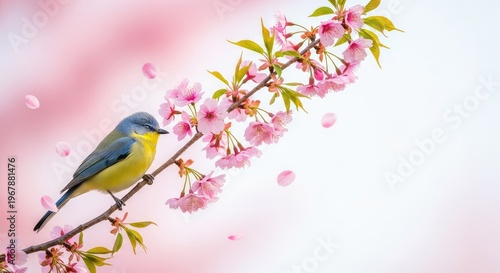 A tiny songbird rests peacefully on a delicate cherry blossom branch, surrounded by soft pink petals and fresh green leaves in springtime, ornithology, sakura, blooming