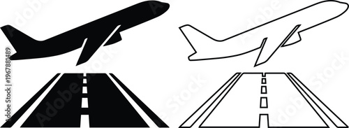 Vector icon set of airplane taking off from airport runway in black silhouette and line outline styles isolated on white background for aviation travel and flight departure concept.