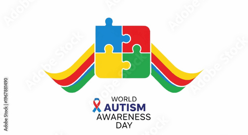 World Autism Awareness Day vector icon with colorful puzzle pieces and ribbons symbolising support and inclusion