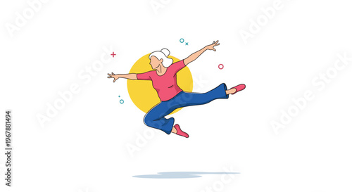 Active senior woman wearing a red shirt and blue pants jumping joyfully in front of a bright yellow circle background.