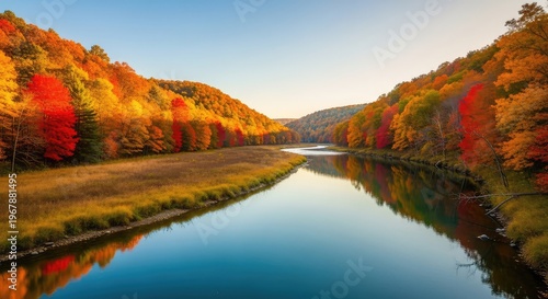 A tranquil river meanders through a golden valley flanked by vibrant autumn forests, reflecting the colorful canopy in the still water, deciduous, foliage, beauty