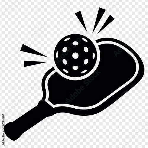 Illustration of a pickleball paddle hitting a pickleball with motion lines indicating impact