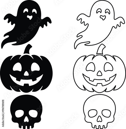 Minimalist black vector silhouette and line art icons of a spooky Halloween ghost, carved pumpkin jack-o-lantern, and skull for trick-or-treat autumn holiday designs.