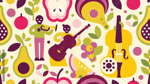 Colorful seamless pattern featuring fruits musicians and musical instruments