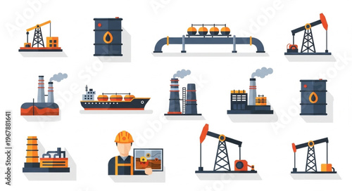 Oil and Gas Industry Icons - Production, Transportation, and Processing.