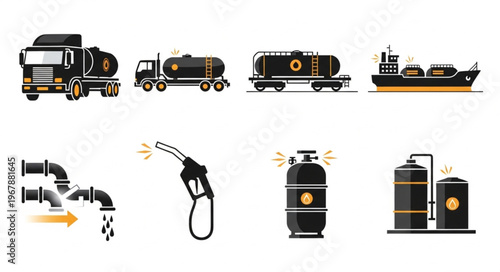 Oil and Gas Industry Transportation and Infrastructure Icons.